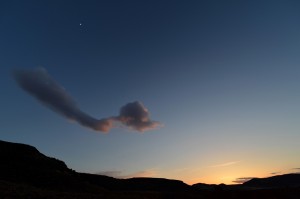 Another interesting sunset. This cloud reminded me of a Dr. Seuss character. The quarter moon is high in the sky.