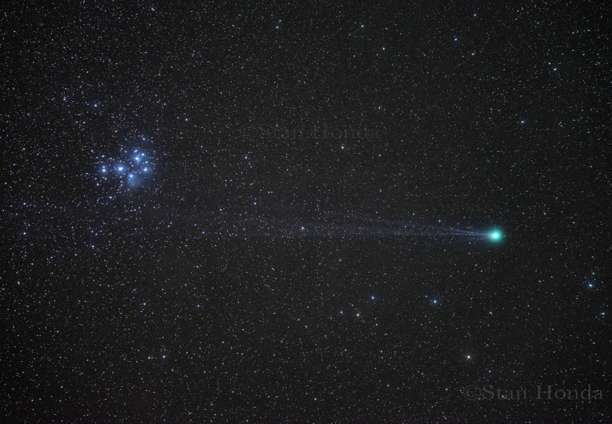 Two nights later on Jan. 18 the comet's tail almost overlaps the Pleiades. 