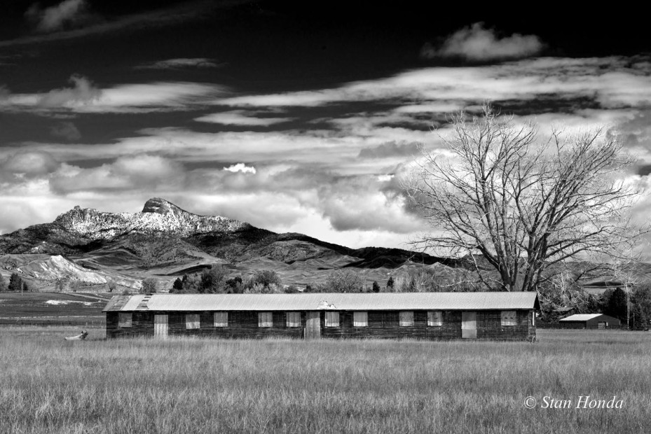 An intact barrack in nearly original condition north of Cody, in the background is Heart Mountain with mid-May snow on the peak.