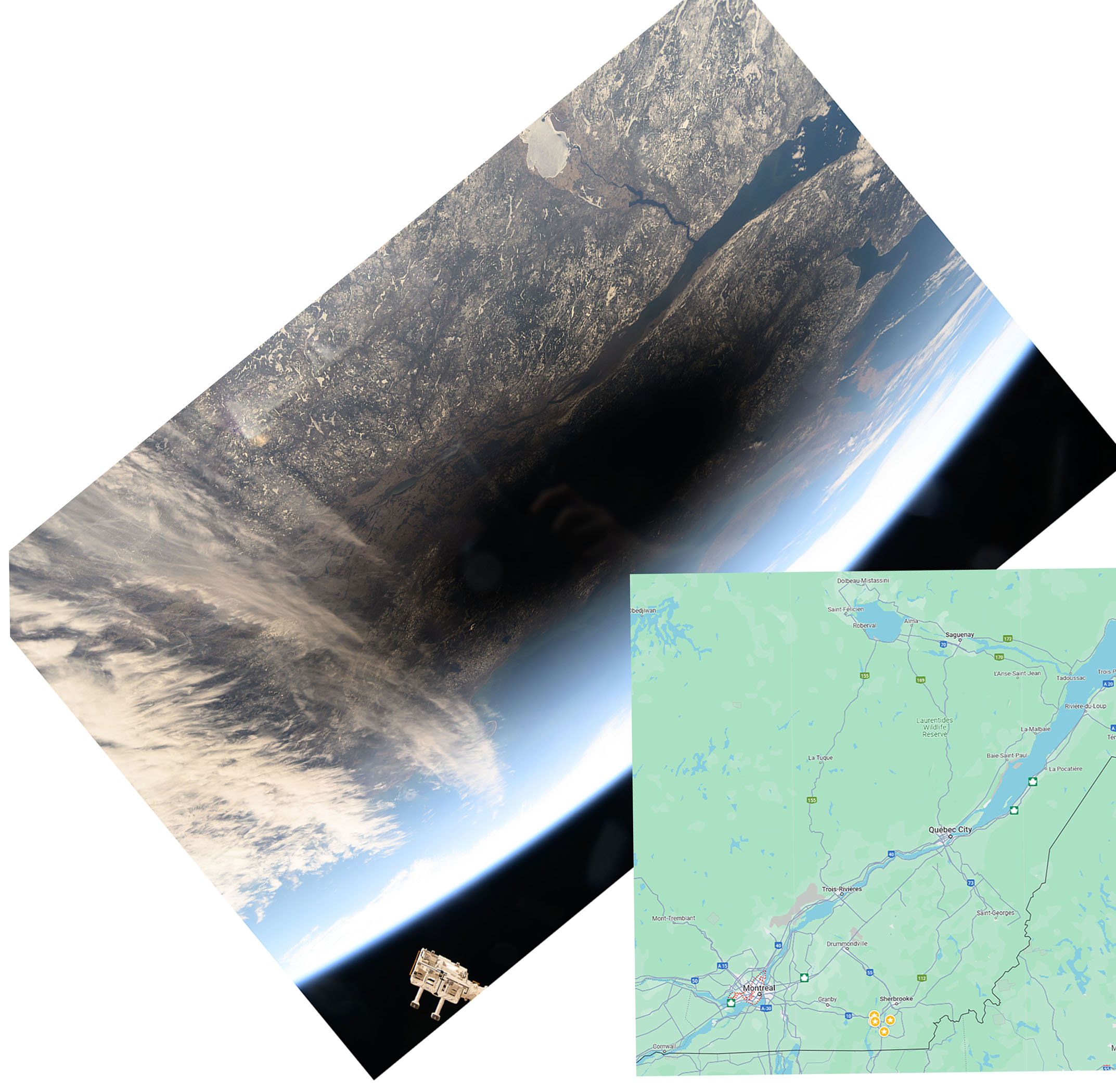 A view from the International Space Station of the moon's shadow over Quebec and Maine. Keith aligned the photo with a map of the area, we are the yellow dots on the map.
